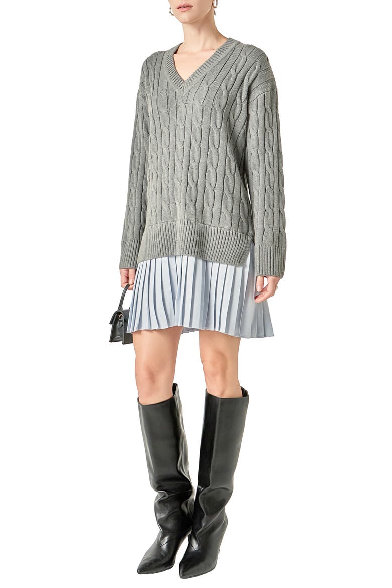 Long Sleeve Pleated Mixed Media Sweater Dress, Alternate, color, GREY/ POWDER BLUE