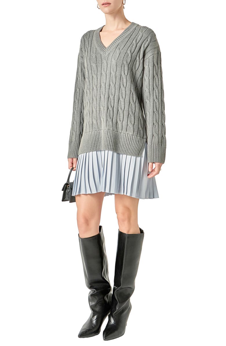English Factory Long Sleeve Pleated Mixed Media Sweater Dress, Alternate, color, Grey/ Powder Blue