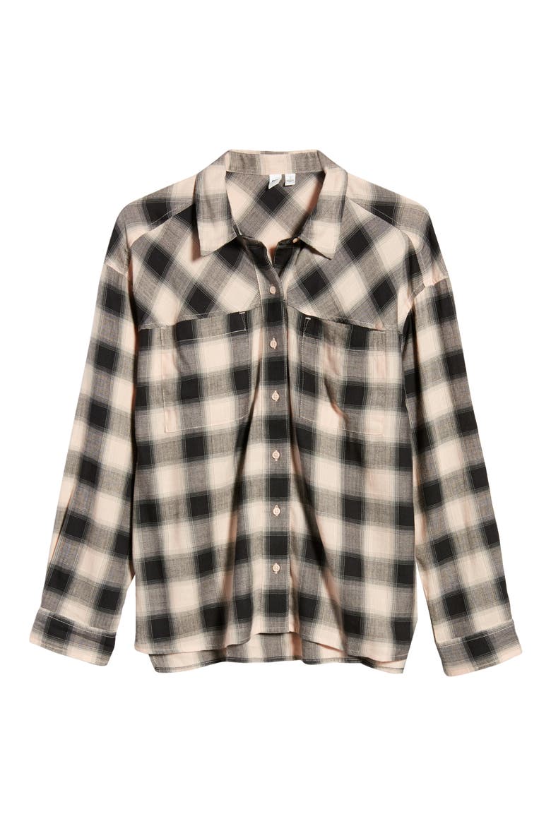 High/Low Plaid Button-Up Shirt, Alternate, color, PINK HERRINGBONE PLAID