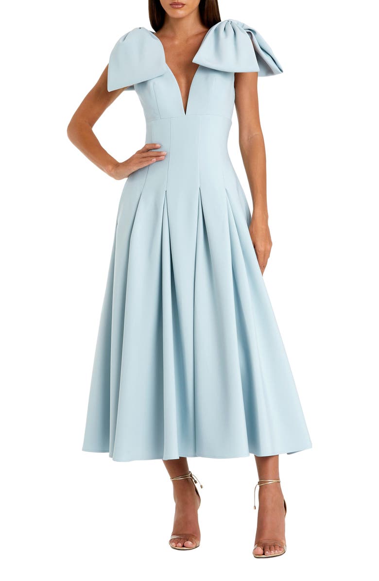 Mac Duggal Crepe A Line Midi Dress With Bow Straps, Alternate, color, Ice Blue