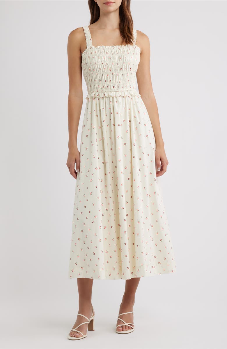 Lulus Amarena Smocked Midi Dress, Main, color, Cream Multi