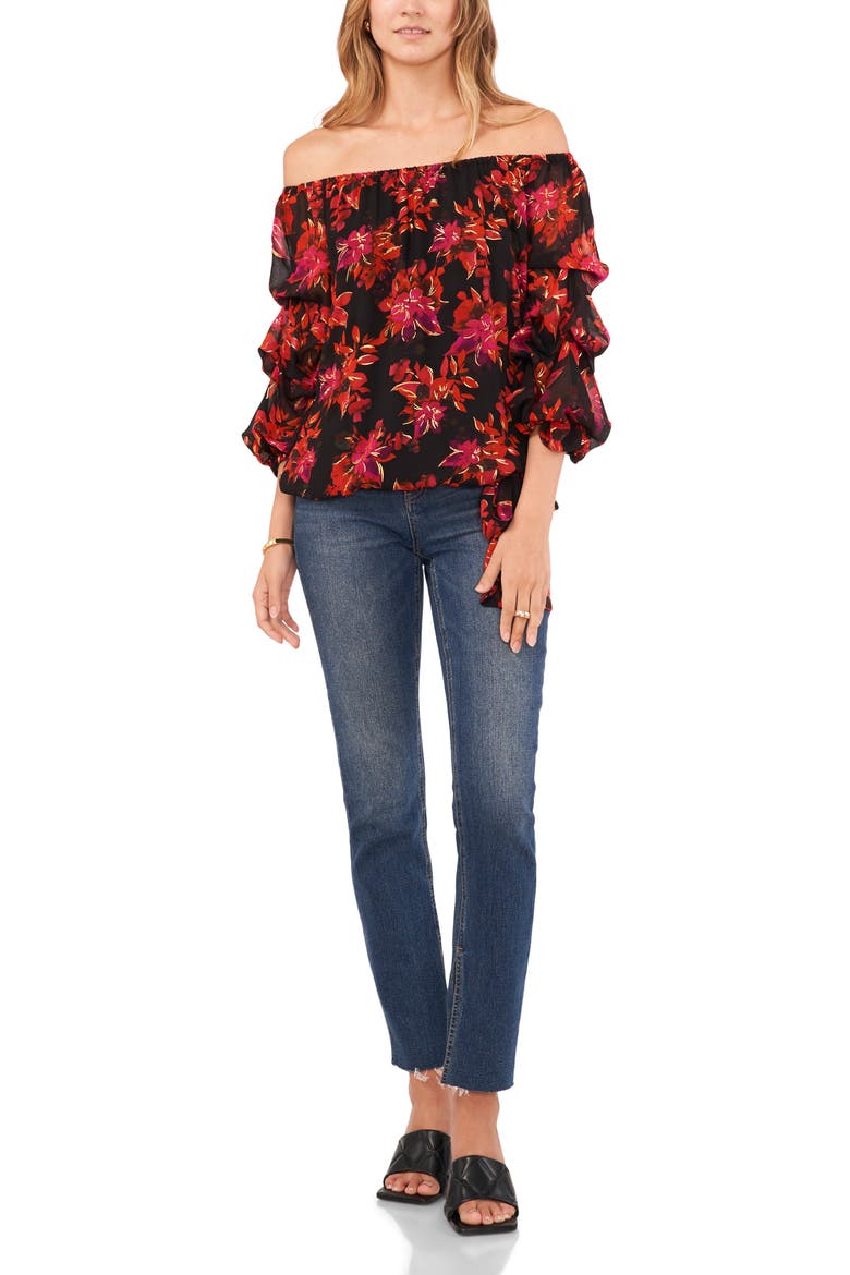 Balloon Sleeve Off the Shoulder Top, Alternate, color, RICH BLACK/ PINK