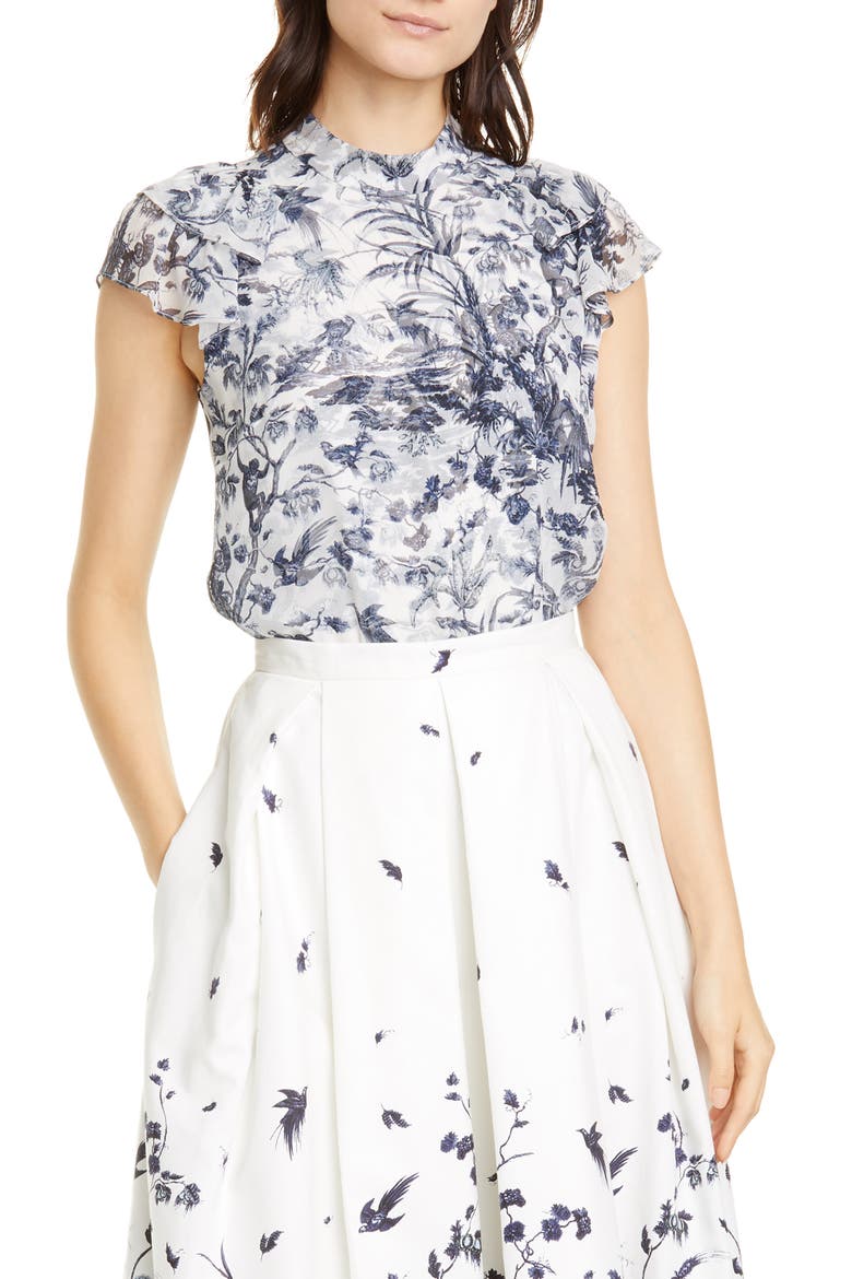 Floral Cap Sleeve Silk Chiffon Blouse, Main, color, WHITE/ BLUE