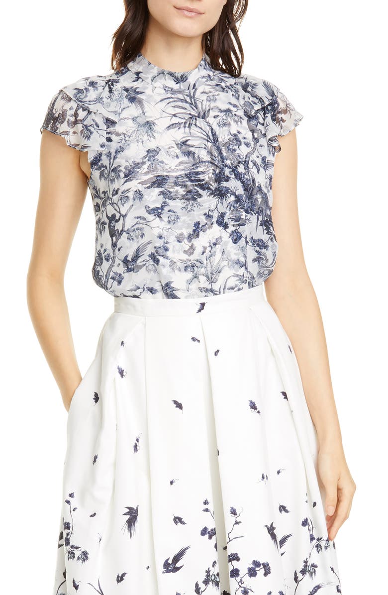 Erdem Floral Cap Sleeve Silk Chiffon Blouse, Main, color,