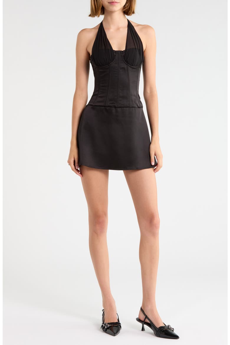 Evalana Corset Mini Halter Dress, Main, color, BLACK