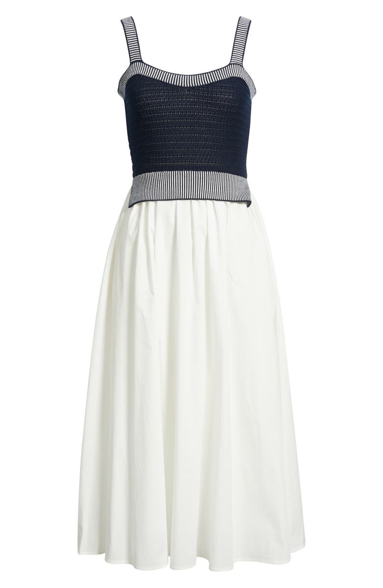 MOON RIVER Crochet Top Mixed Media Midi Dress, Alternate, color, Navy/ Off White