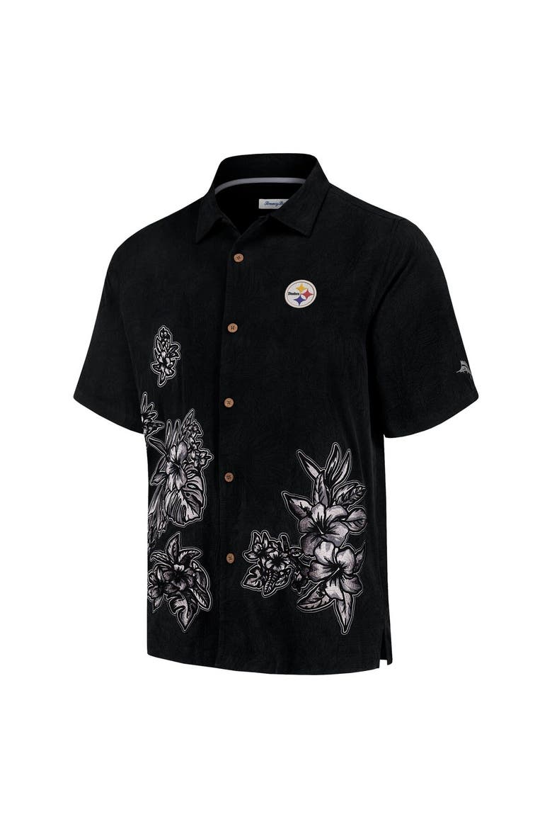 Men's Tommy Bahama Black Pittsburgh Steelers Hibiscus Camp Button-Up Shirt, Alternate, color, Black