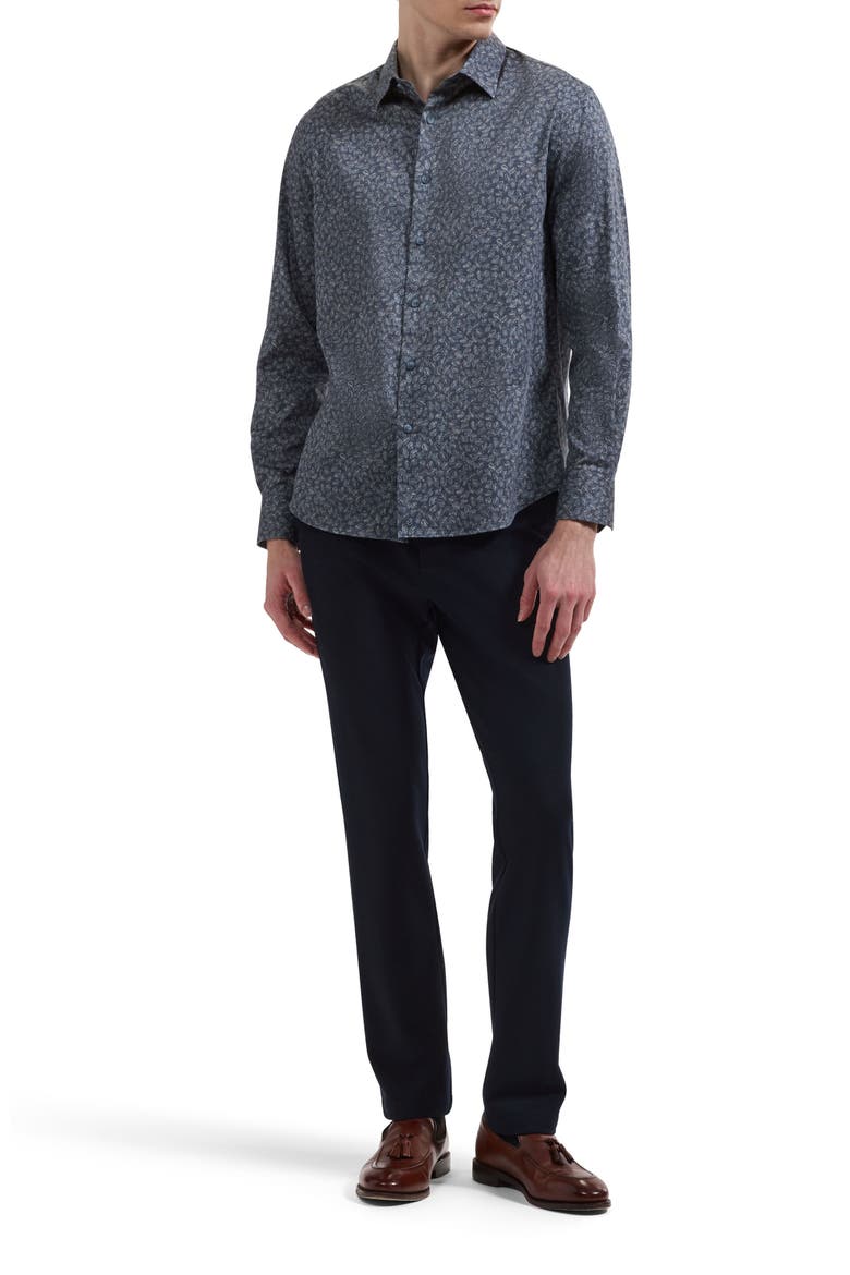 Julian Shaped Fit Leaf Print Stretch Button-Up Shirt, Alternate, color, STEEL