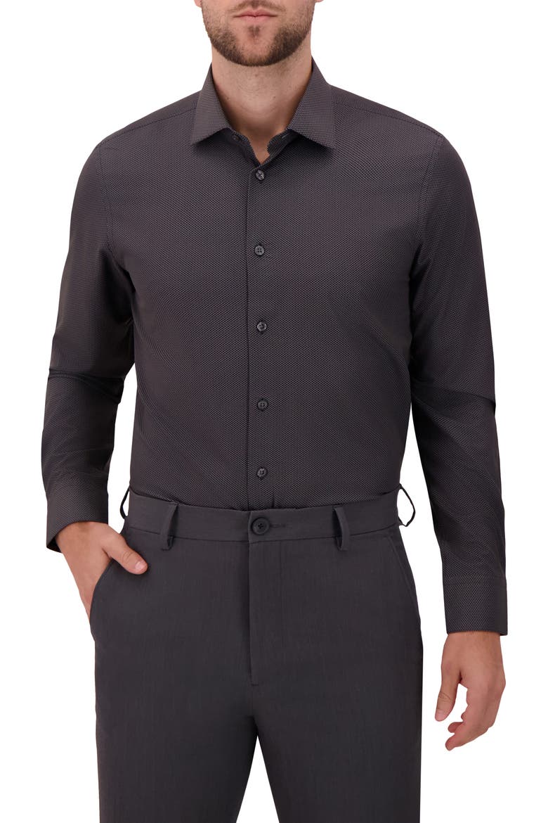 Modern Fit Geometric Print 4-Way Stretch Button-Up Shirt, Main, color, BLACK