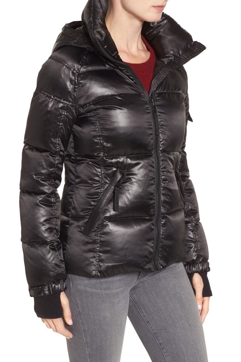 Kylie Metallic Quilted Jacket with Removable Hood, Alternate, color, JET