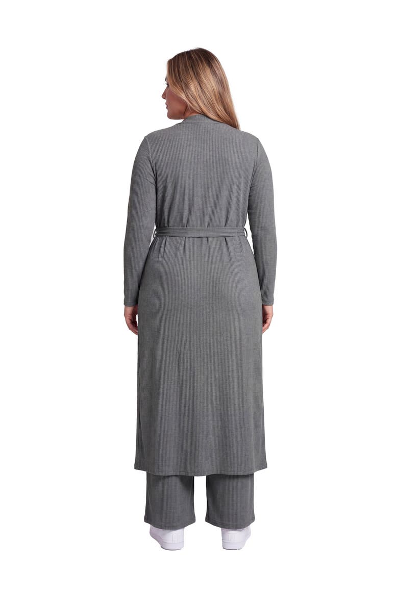 Curvy Basic Long Sleeve Tie Waist Soft Jacket and Elastic Waist Wide Leg Pant Set, Alternate, color, Smoke
