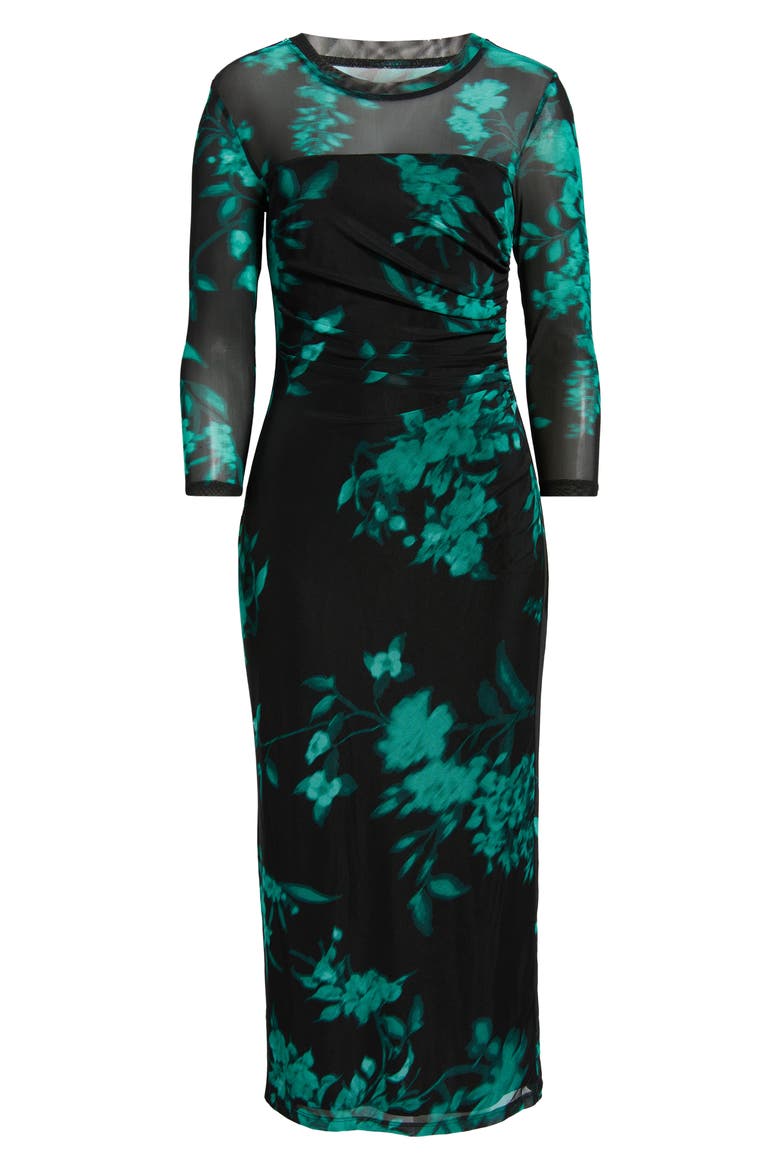 Floral Print Mesh Midi Dress, Alternate, color, DEEP JADE MULTI