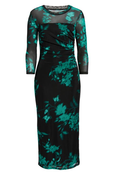 Floral Print Mesh Midi Dress