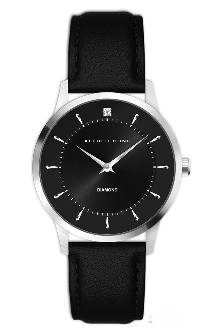 Diamond Dial Leather Strap Watch, 42mm, Main, color, BLACK STRAP BLACK DIAL
