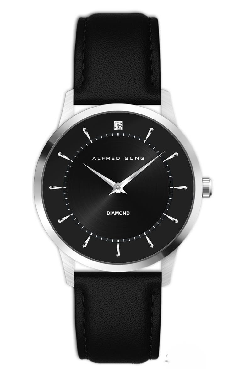 Alfred Sung Diamond Dial Leather Strap Watch, 42mm, Main, color, Black Strap Black Dial
