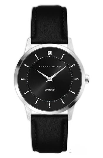 Alfred Sung Diamond Dial Leather Strap Watch, 42mm In Black Strap Black Dial