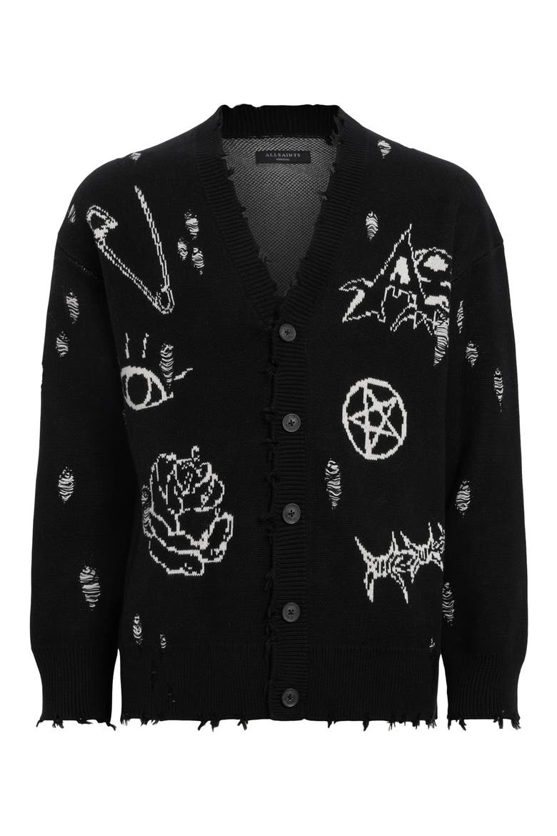 Koto Distressed Cotton Cardigan, Alternate, color, BLACK/ CHALK WHITE