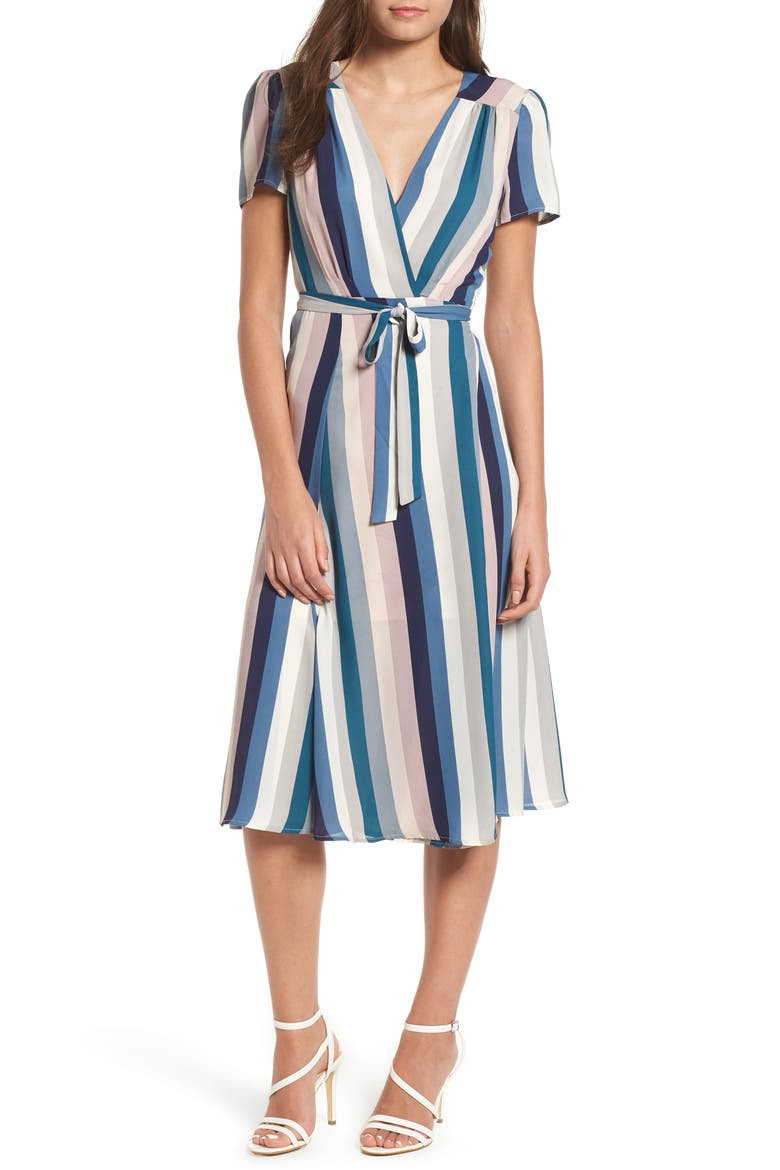 Midi Wrap Dress, Main, color, PINK SILVER DUSTY STRIPE