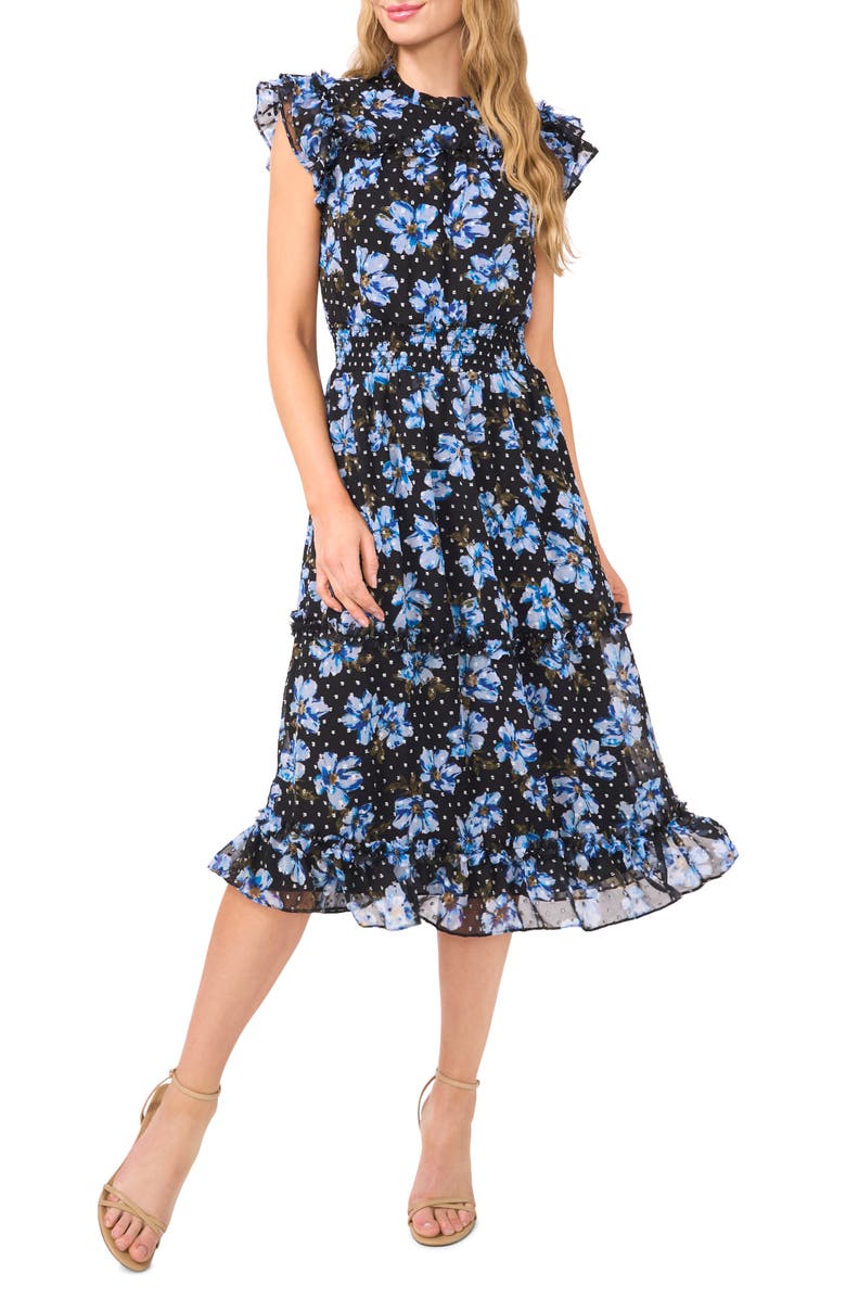CeCe Floral Clip Dot Smocked Ruffle Midi Dress, Main, color,