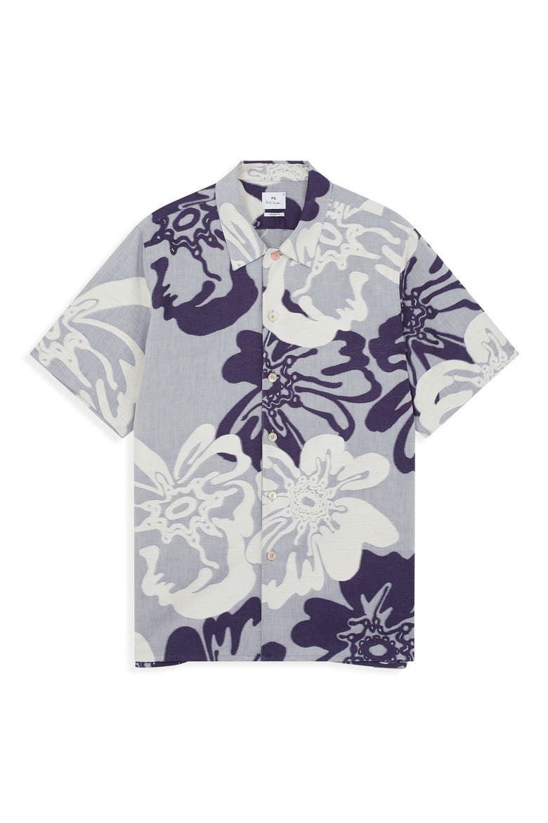 Casual Fit Floral Cotton Camp Shirt, Main, color, LIGHT BLUE