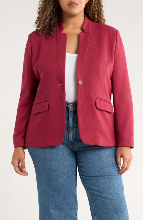 Inverted Notch Collar Cotton Blend Blazer (Plus)