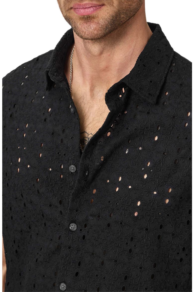 Sean Eyelet Cotton Short Sleeve Button-Up Shirt, Alternate, color, BLACK