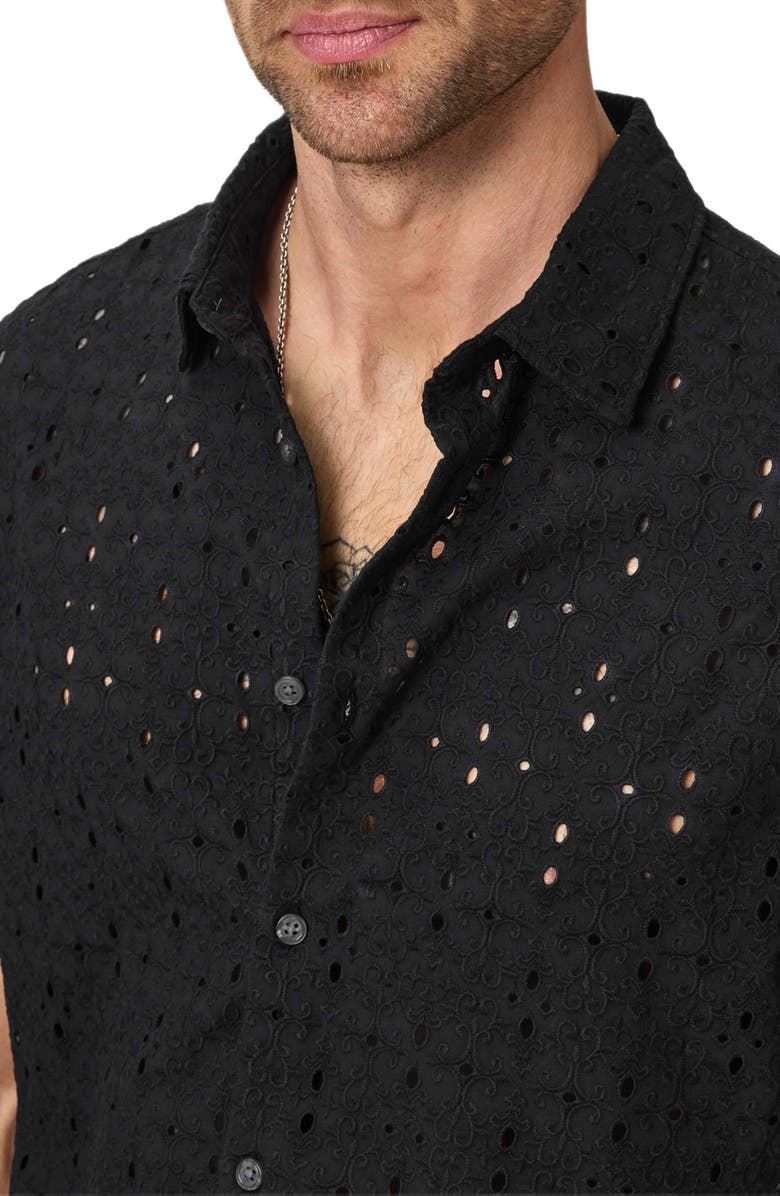 John Varvatos Sean Eyelet Cotton Short Sleeve Button-Up Shirt, Alternate, color, Black