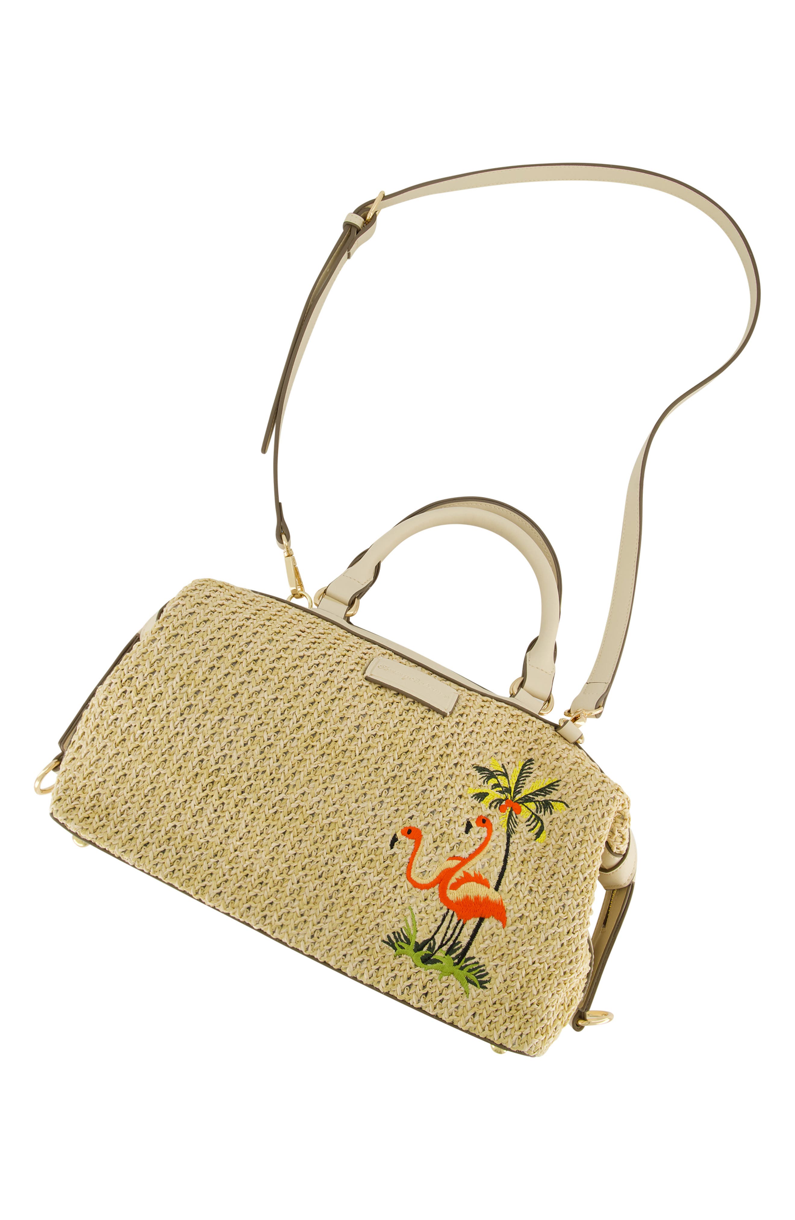 Tommy Bahama Flamingo Embroidered Woven Satchel, Alternate, color, Cream
