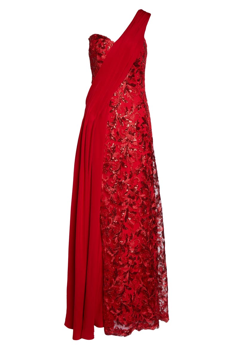One-Shoulder Sequin Lace & Crepe Gown, Alternate, color, FLAME