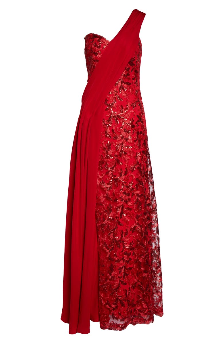 Tadashi Shoji One-Shoulder Sequin Lace & Crepe Gown, Alternate, color,