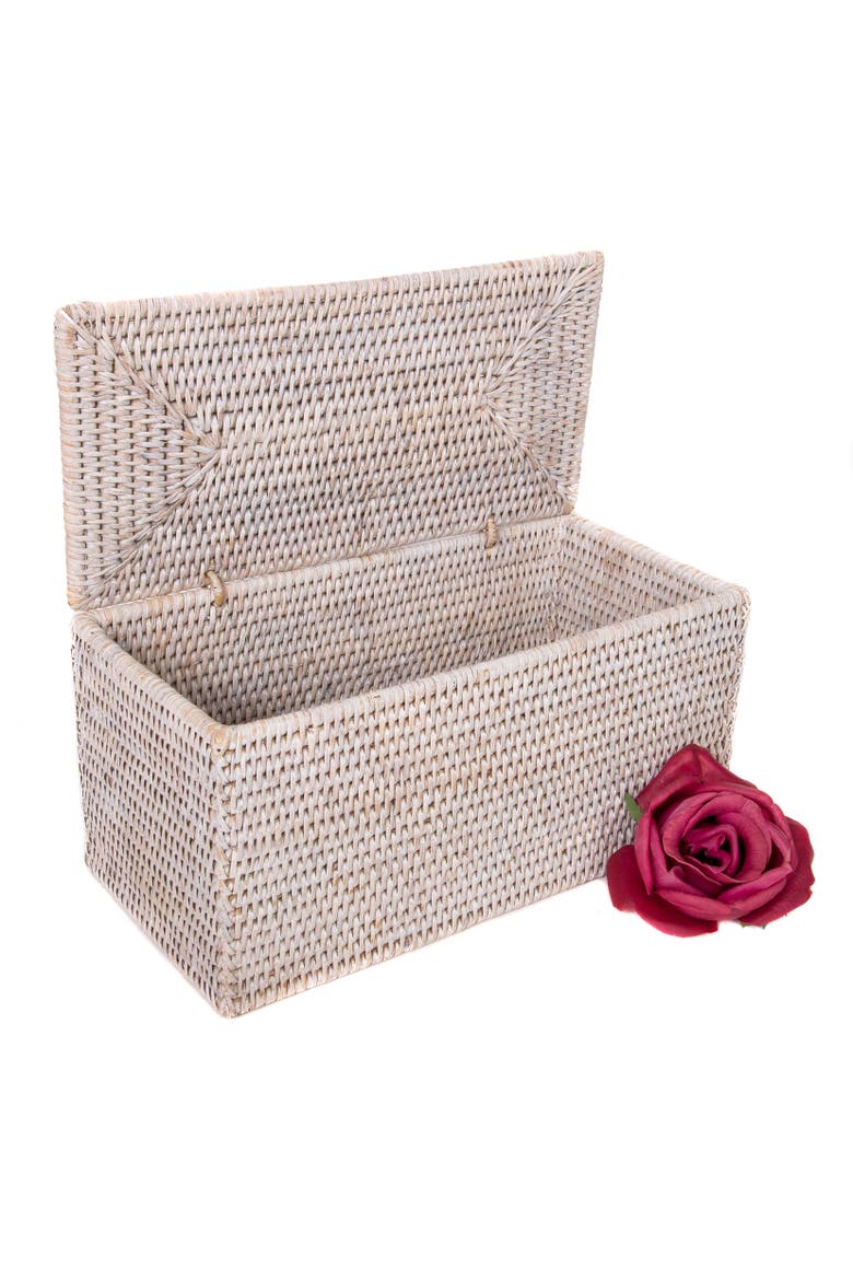 Artifacts Rattan Rectangular Double Toilet Roll Holder with Hinged Lid, Main, color, White Wash