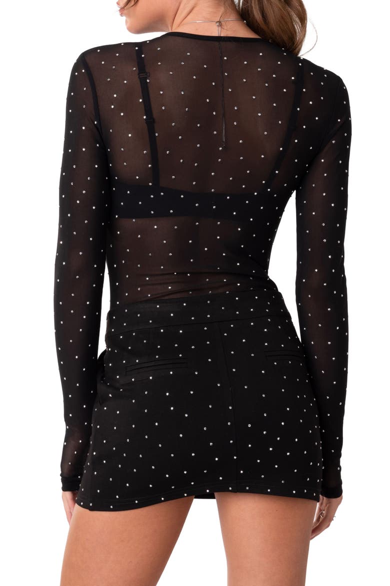 Bling Rhinestone Sheer Mesh Bodysuit, Alternate, color, BLACK