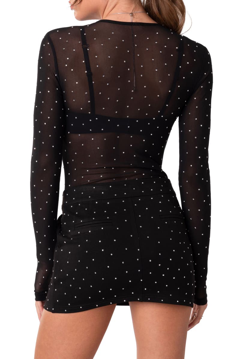 EDIKTED Bling Rhinestone Sheer Mesh Bodysuit, Alternate, color, 