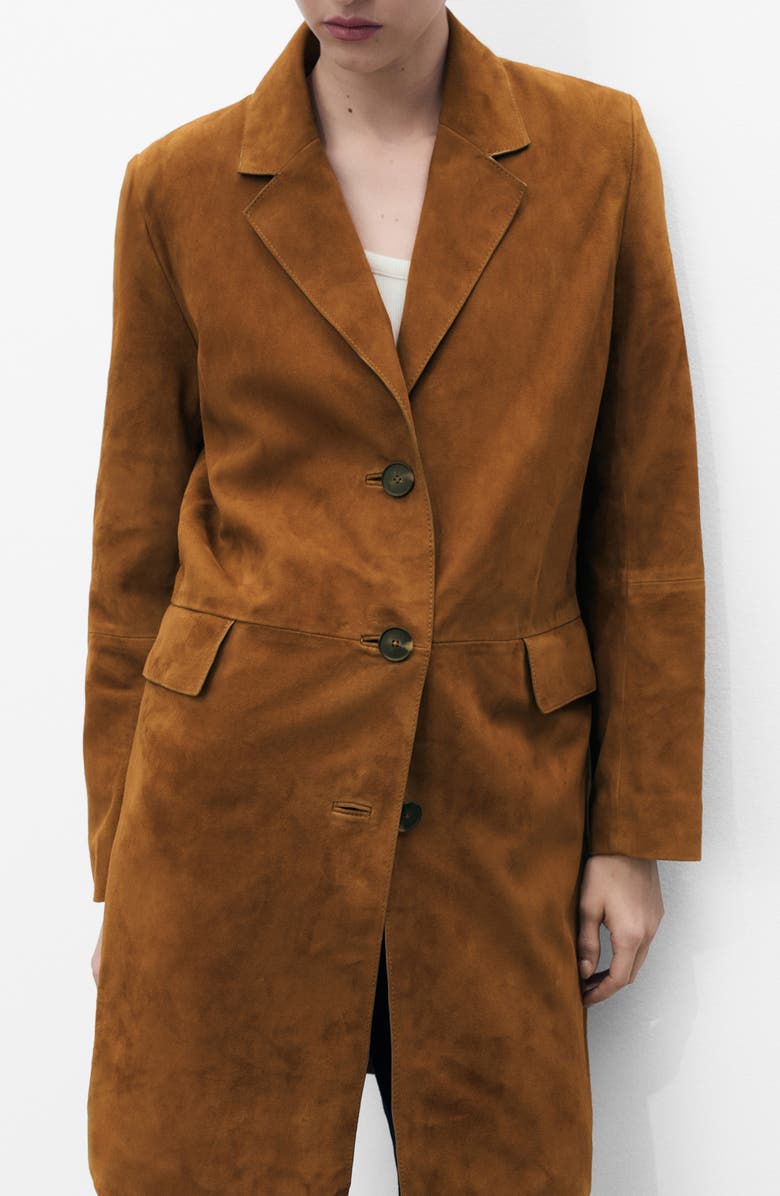 MANGO Notched Lapel Suede Coat, Alternate, color, Medium Brown