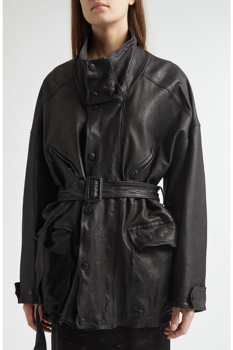 Oversize Belted Leather Coat, Alternate, color, NOIR
