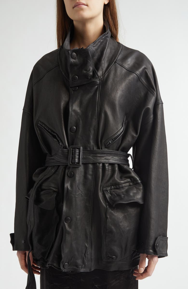 NACKIYÈ Oversize Belted Leather Coat, Alternate, color, Noir