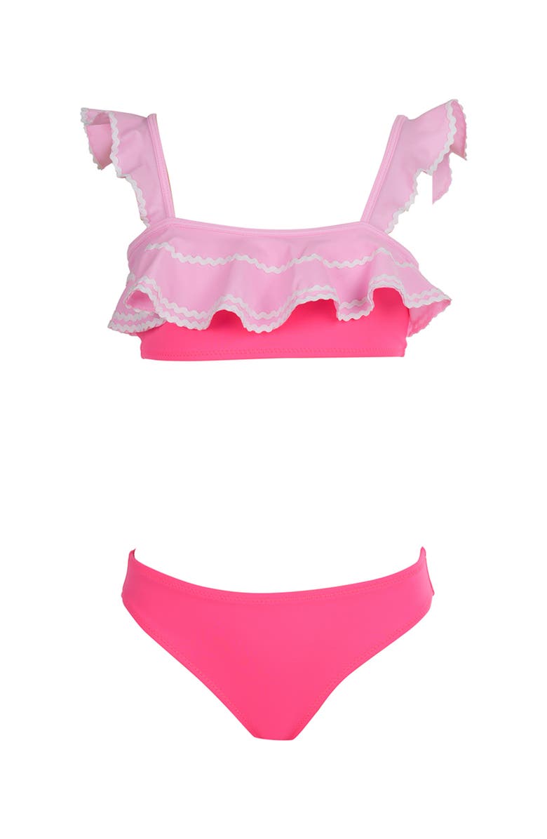 NESSI BYRD Bandeau Tiered Ruffle Color-Blocked Two-Piece Bikini, Main, color, Pink