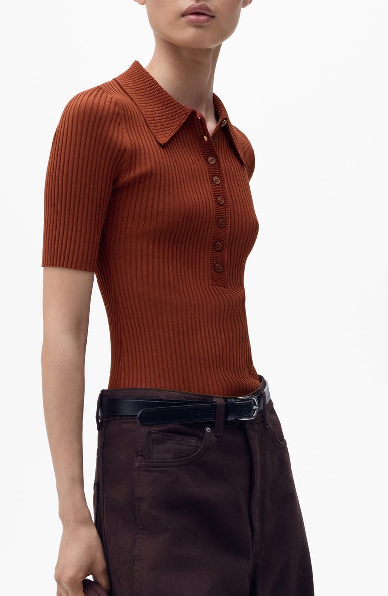 MANGO Rib Short Sleeve Polo Sweater, Main, color, Russet