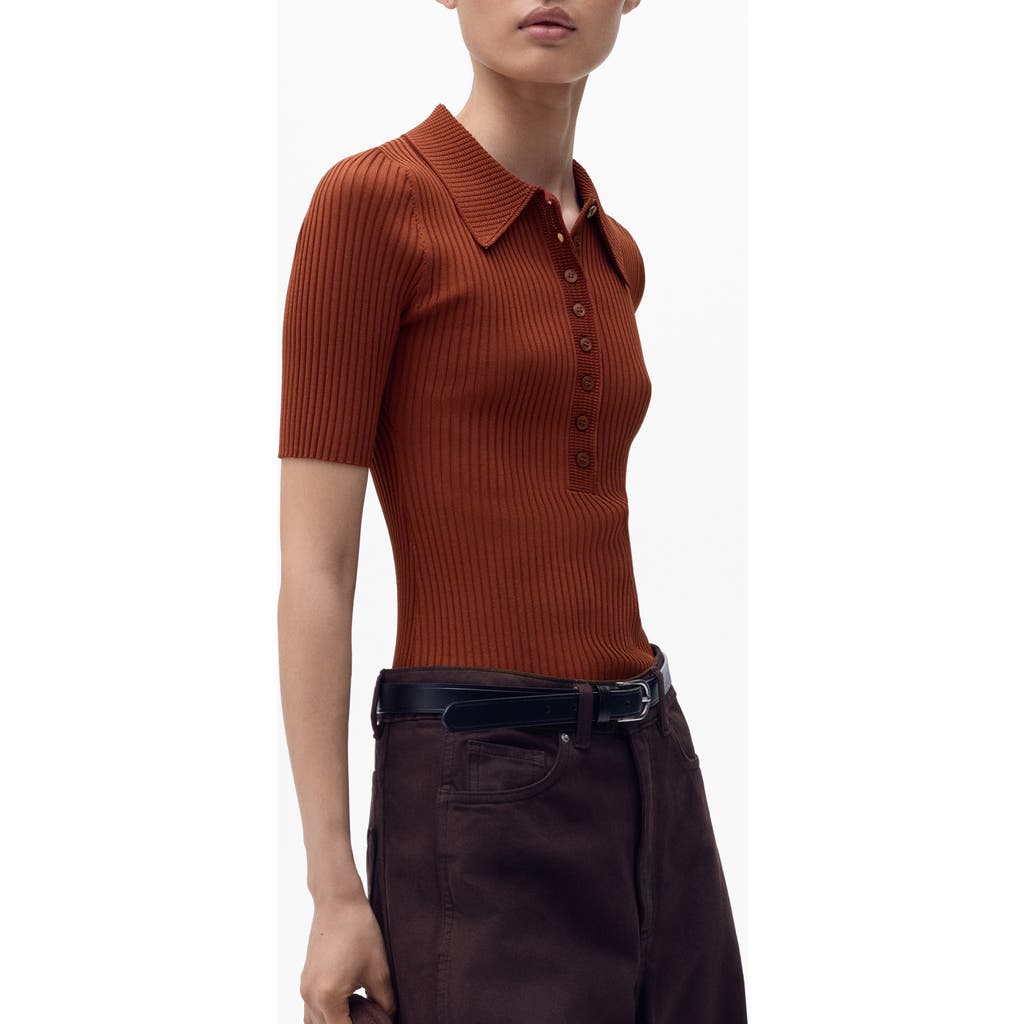 Mango Rib Short Sleeve Polo Sweater In Brown