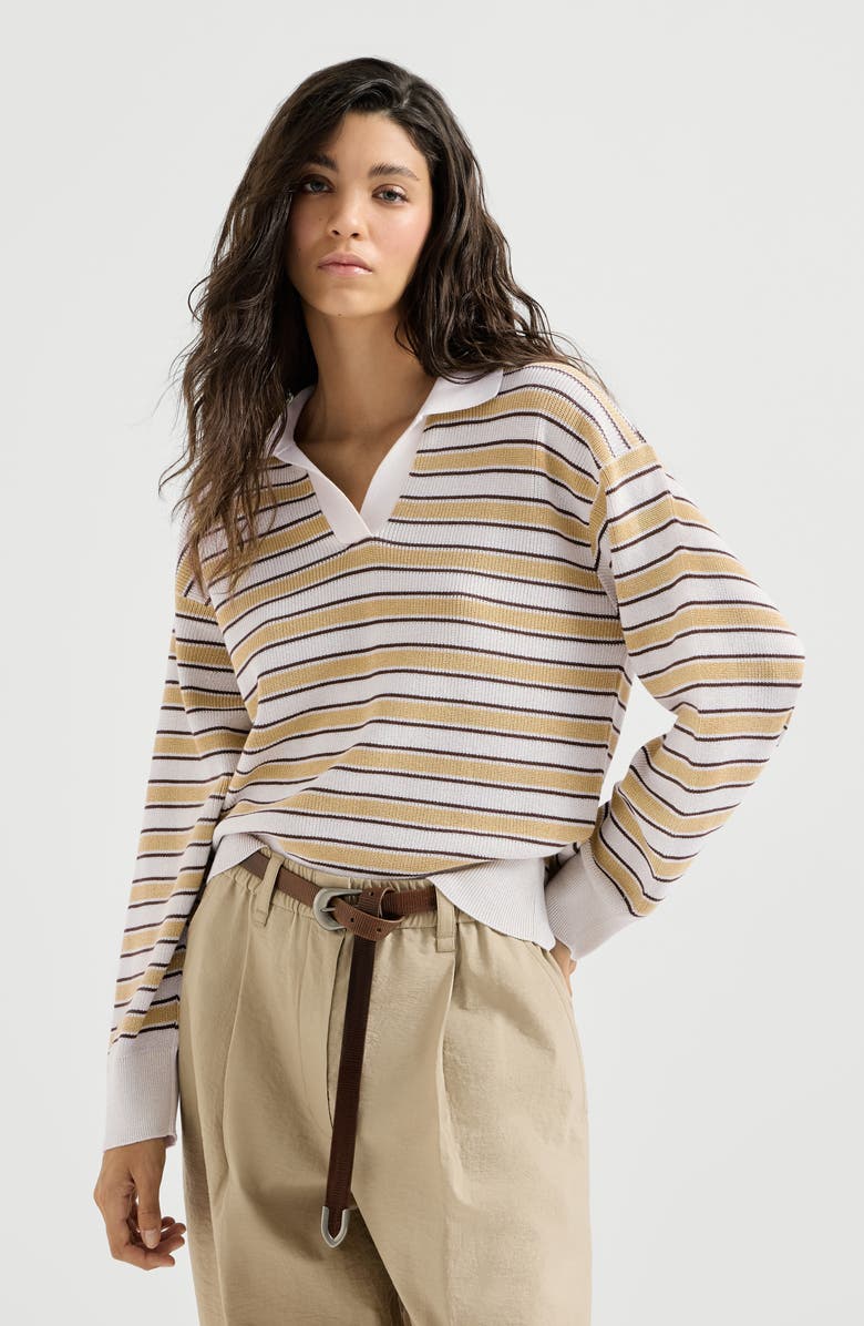 Brunello Cucinelli Knit polo with sparkling stripes, Main, color, Yellow