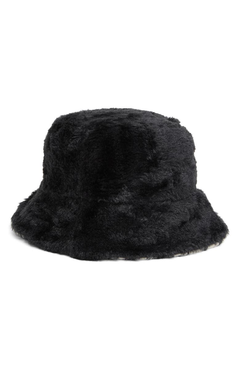 Nine West Houndstooth Faux Fur Reversible Bucket Hat, Alternate, color,