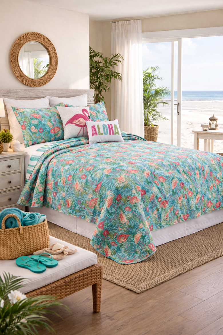 Isla Tropics Flamingo & Palms Quilt Set, Alternate, color, Green