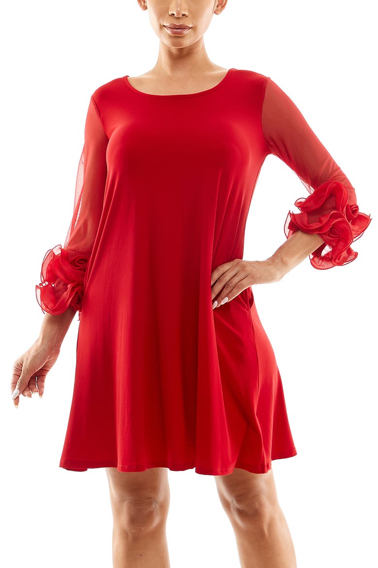 Ruffle Mesh Sleeve Dress, Alternate, color, NINA RED