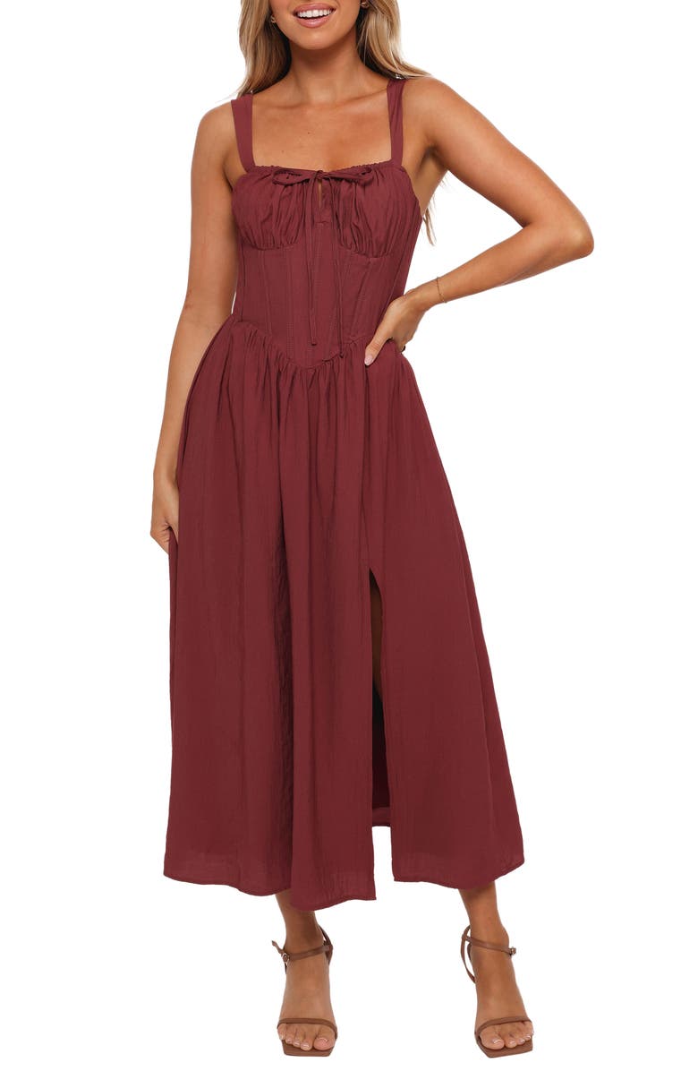 Petal & Pup Sofie Corset Midi Dress, Main, color, Brick