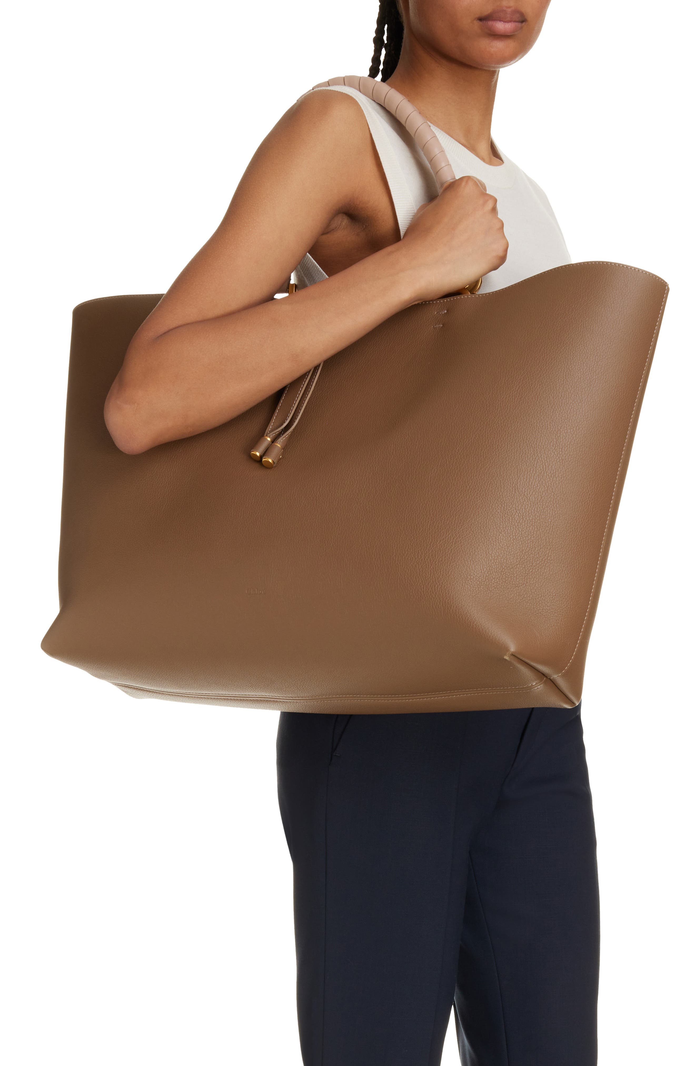 Chloé Large Marcie Grained Calfskin Leather Tote, Alternate, color, Dark Nut 29X