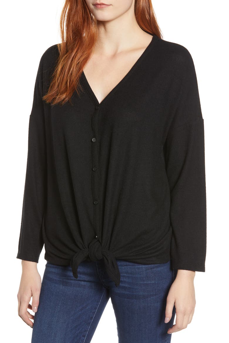 Tie Front Cozy Knit Shirt, Main, color, BLACK