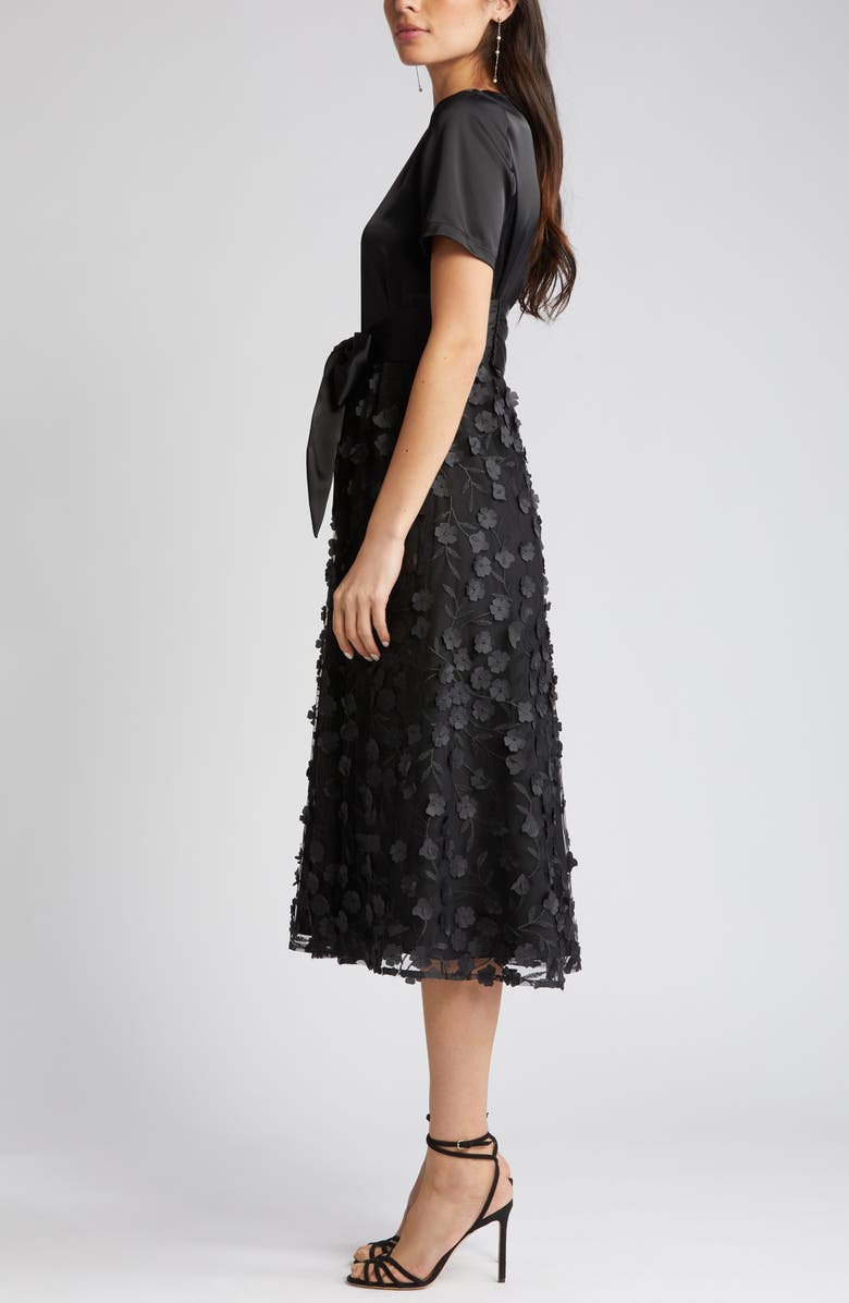 Anne Klein Floral Appliqué Tie Waist Satin Midi Dress, Alternate, color, 