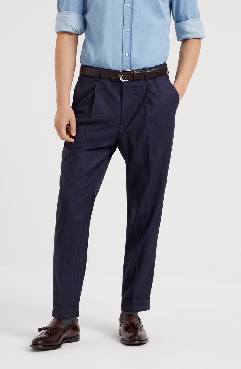 Brunello Cucinelli Leisure fit trousers with pleats, Alternate, color, Navy Blue