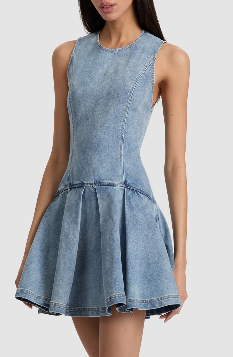 Alice + Olivia Adley Pleated Drop Waist Denim Minidress, Alternate, color, Anabell Blue