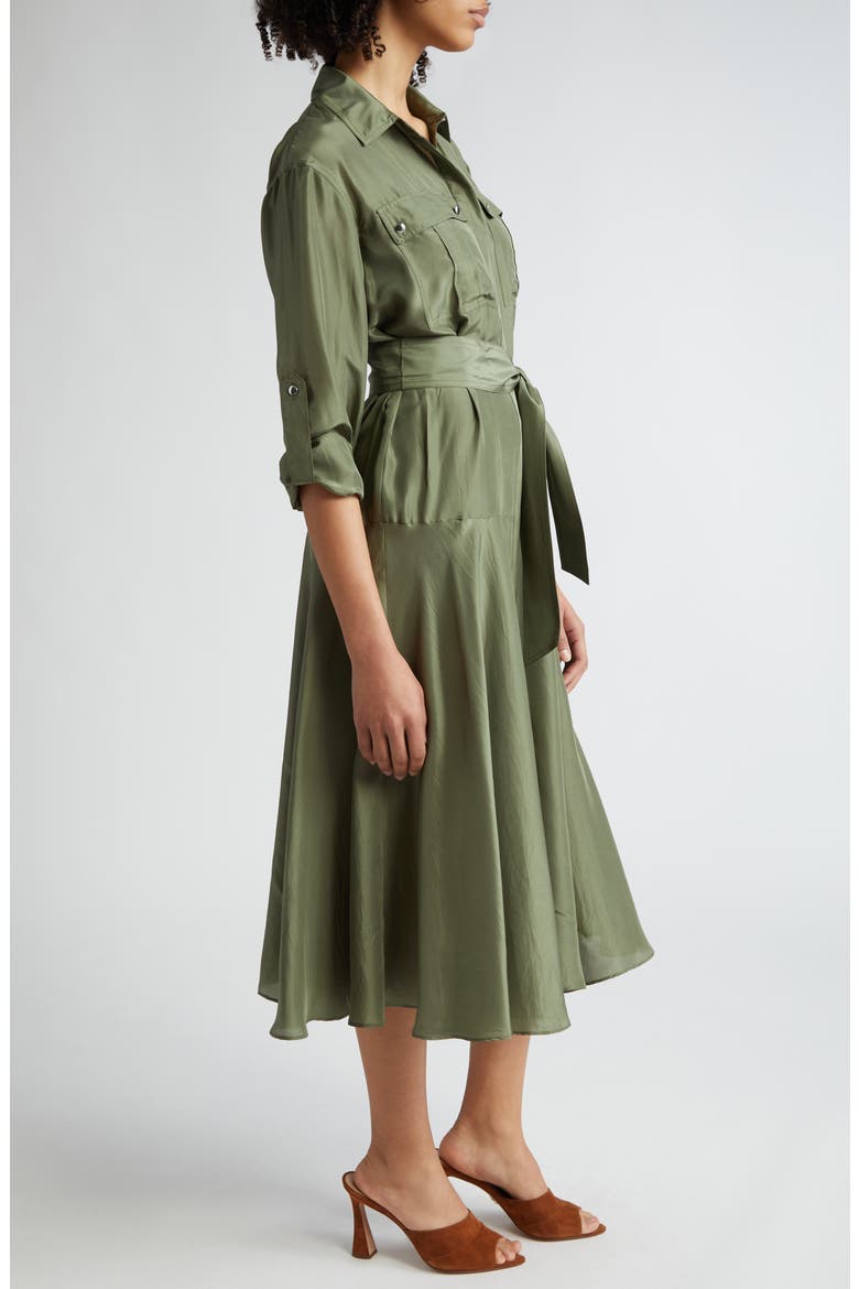 Camille Tie Waist Long Sleeve Silk Midi Dress, Alternate, color, STONE ARMY